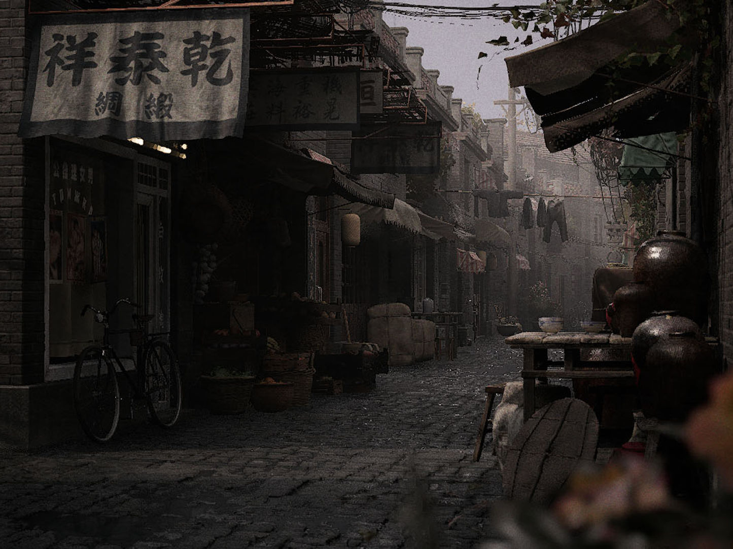 Dark historic town street scene used as a visual reference